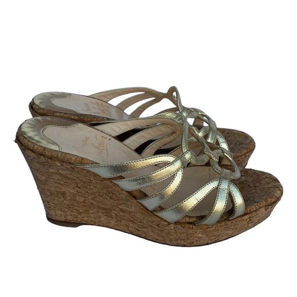 Louboutin 36 Gold Metallic Cork Wedge Mule Sandals - Picture 4 of 13